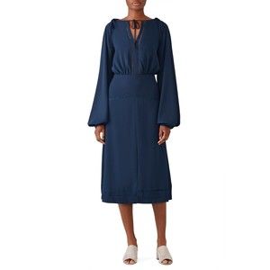 $299 Fame & Partners Hanne Women Sz 4 Ties Long Sleeve A Line Dress Blue